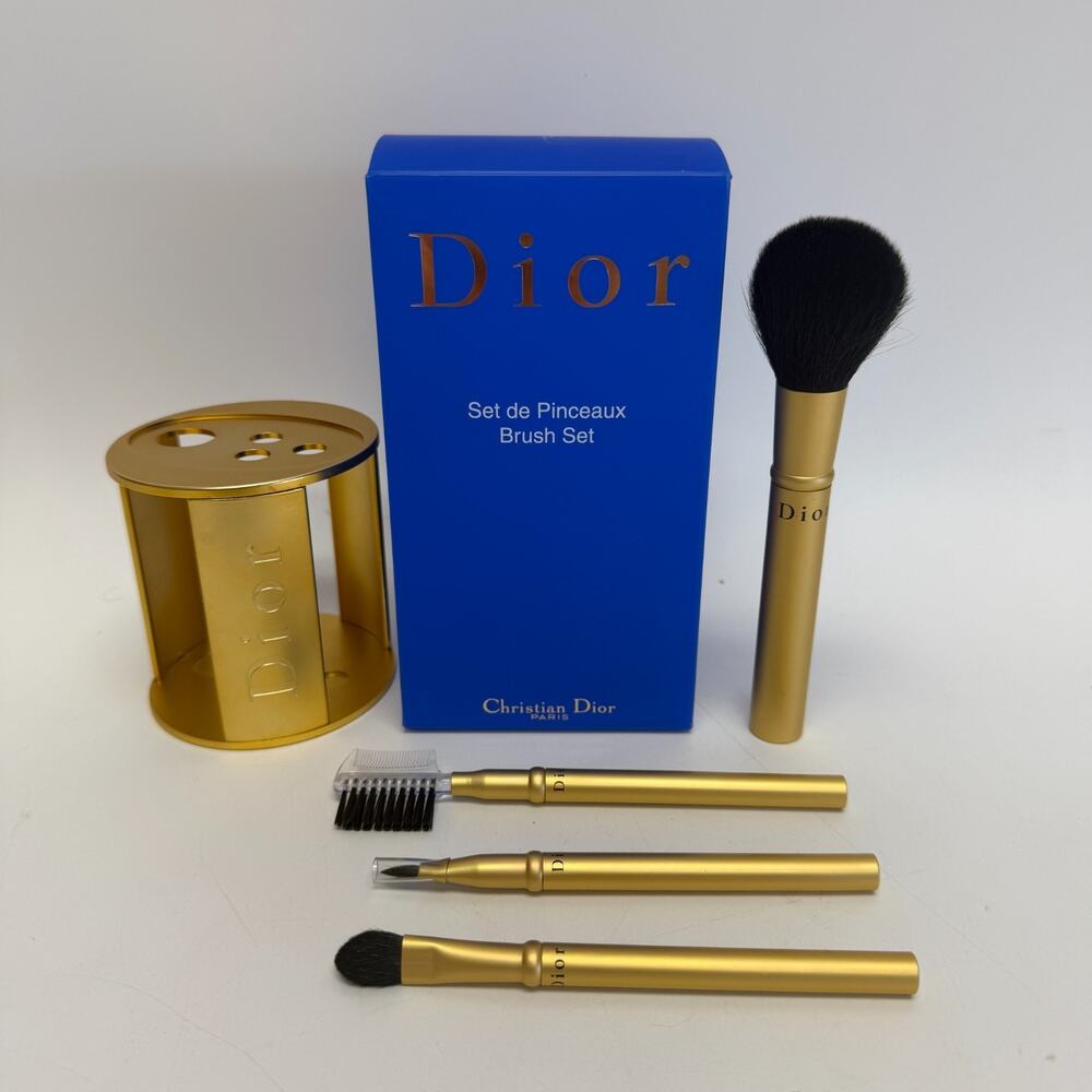Dior Set De Pinceaux Gold Matte Satin 4 Piece Brush & Stand 90s Vtg New Open Box